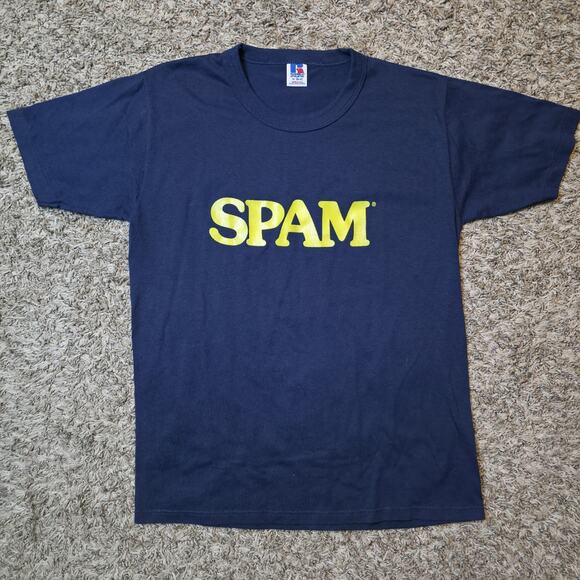 Vintage SPAM T-Shirt Mens Medium Blue 90s Single Stitch Food Russell - Picture 1 of 3